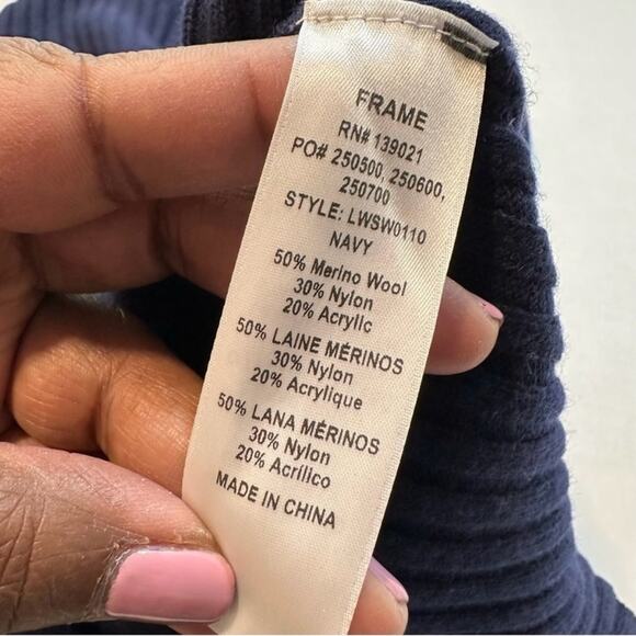 Frame Overlap Ribbed Sweater Blue Merino Wool Cutout Long Sleeve, Size Medium - Picture 7 of 8